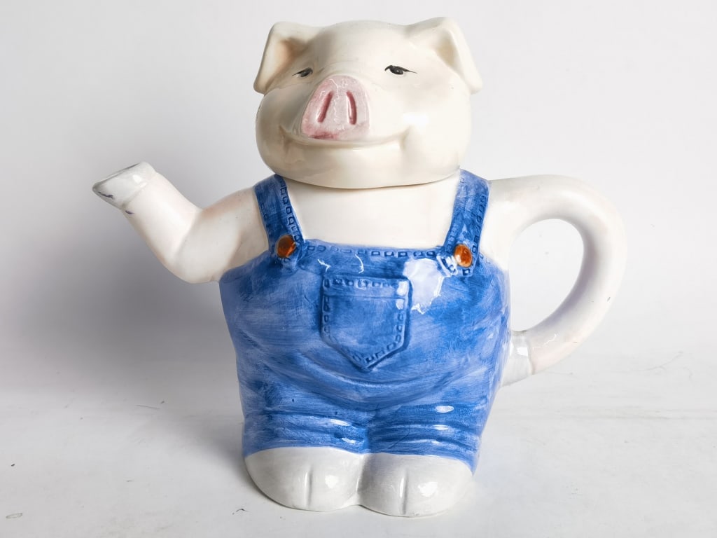Vintage Pig in Jeans Porcelain Teapot: Vintage Pig in Jeans Porcelain Teapot, 8in by 9in