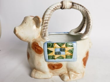 Vintage hand Painted Folk Art Pig Porcelain Basket
