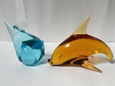 (2) Colored Art Glass Animals