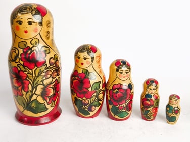 Set of Vintage Russian Hand Painted Wood Nesting Dolls