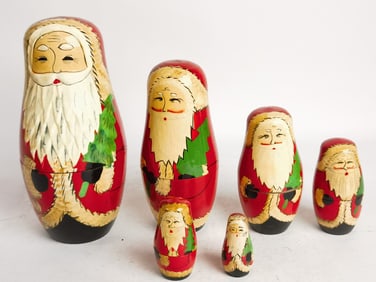 Set of Vintage Russian Hand Painted Wood Nesting Dolls