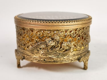 Vintage Brass Glass Top Jewelry Box