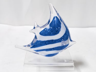 Vintage Murano Italy White Stripe Blue Art Glass Fish
