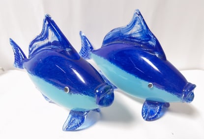 Pr. of Large Vintage Murano Italy Blue Art Glass Fish
