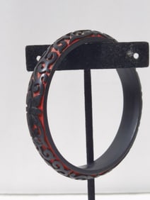 Chinese Black/Red Cinnabar Carved Bangle Bracelet
