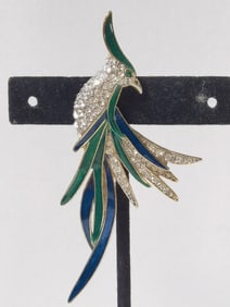Costume Gold Tone Enamel Rhinestone Bird Brooch