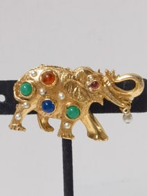 Costume Gold Tone Rhinestone Elephant Brooch