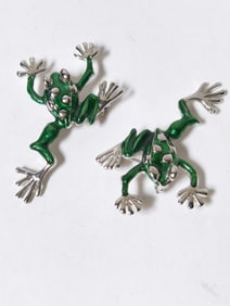 Pr. of Costume Silver Tone Enamel Frog Brooches
