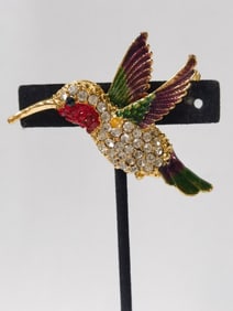 Costume Gold Tone Rhinestone Hummingbird Brooch