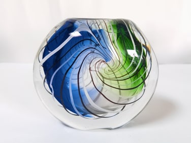 Vintage Black/White Swirl Blue Green Glass Vase