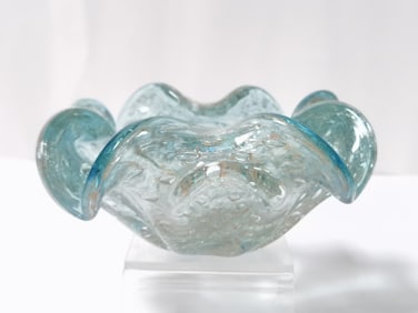 Vintage Murano Italy Glitter Aqua Glass Ruffle Bowl