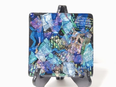 Vintage Blue Glitter Art Glass Plaque