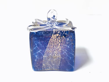 Vintage Murano Italy Glitter Cobalt Blue Glass Present Ornament