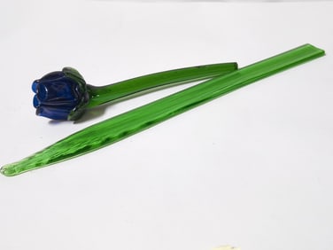 Vintage Murano Italy Blue Art Glass Flower and Leaf