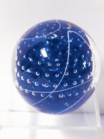 Vintage Murano Italy Blue Controlled Bubble Glass Paperweight