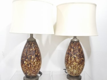 Pr. of Large Vintage Murano Italy Amber Art Glass Lamps