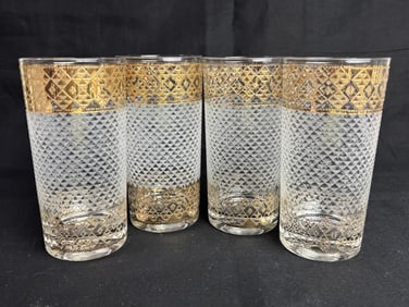 (4) Vintage Culver MCM Gilt Frosted/Clear High Tumblers
