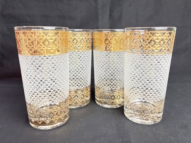 (4) Vintage Culver MCM Gilt Frosted/Clear High Tumblers