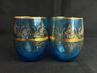 Pr. of Vintage Bohemian Gilt Blue Glasses