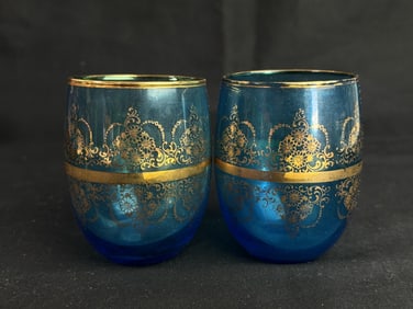 Pr. of Vintage Bohemian Gilt Blue Glasses