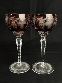 (2) Vintage Maroon Cut-to-Clear Wine Glasses