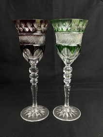 (2) Vintage Ruby/Green Cut-to-Clear Wine Glasses