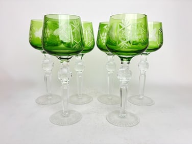 (6) Vintage Green Cut-to-Clear Wine Glasses