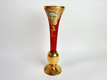Vintage Murano Italy Hand Painted Gilt Ruby Glass