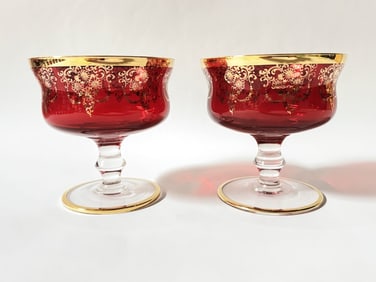 Pr. of Vintage Bohemian Gilt Ruby Sherbet Glasses