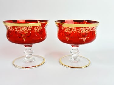 Pr. of Vintage Bohemian Gilt Ruby Sherbet Glasses