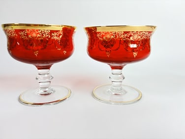 Pr. of Vintage Bohemian Gilt Ruby Sherbet Glasses