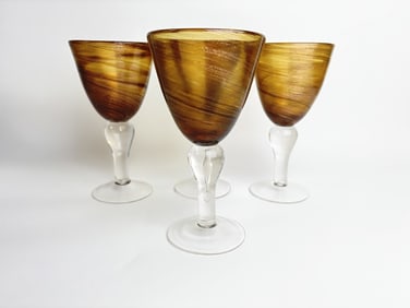 (4) Vintage Murano Italy Glitter Swirl Amber Wine Glasses