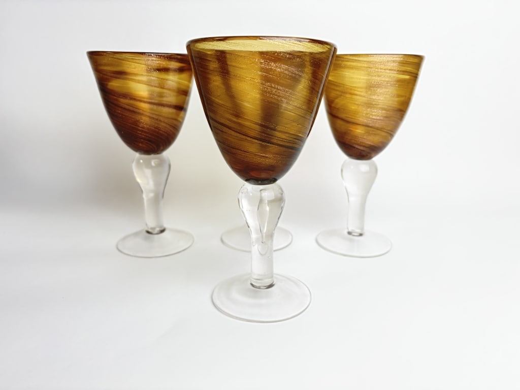 (4) Vintage Murano Italy Glitter Swirl Amber Wine Glasses: (4) Vintage Murano Italy Glitter Swirl Amber Wine Glasses, 8in