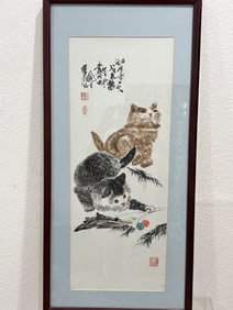 Vintage Chinese Cat Watercolor Painting, Cao Qing