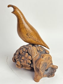 Vintage Signed BH Wood Carved California Quail Sculpture