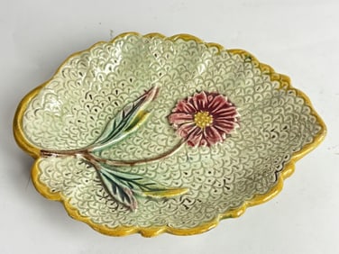 Antique French Majolica Floral Leaf Dish