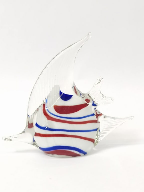 Vintage Murano Italy Striped Art Glass Fish: Vintage Murano Italy Striped Art Glass Fish, 5in by 5.5in