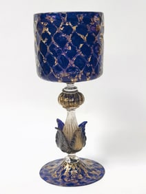 Vintage Murano Italy Gilt Cobalt Blue Art Glass Wine Glass