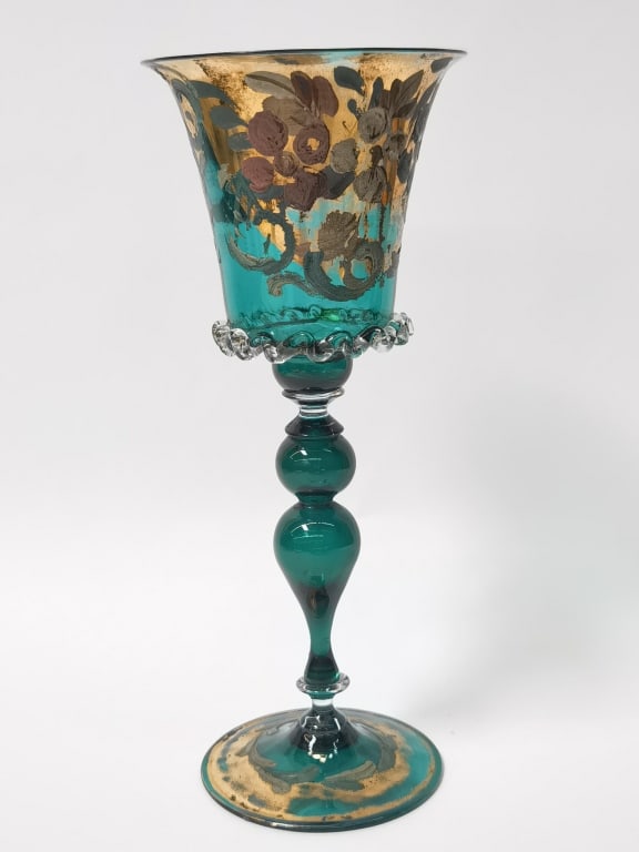 Vintage Murano Italy Gilt Aqua Art Glass Wine Glass: Vintage Murano Italy Gilt Aqua Art Glass Wine Glass, 9in