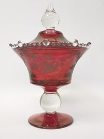 Vintage Cranberry Glass Covered Compote
