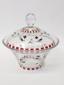 Christmas Snowman Glass Covered Candy Bowl