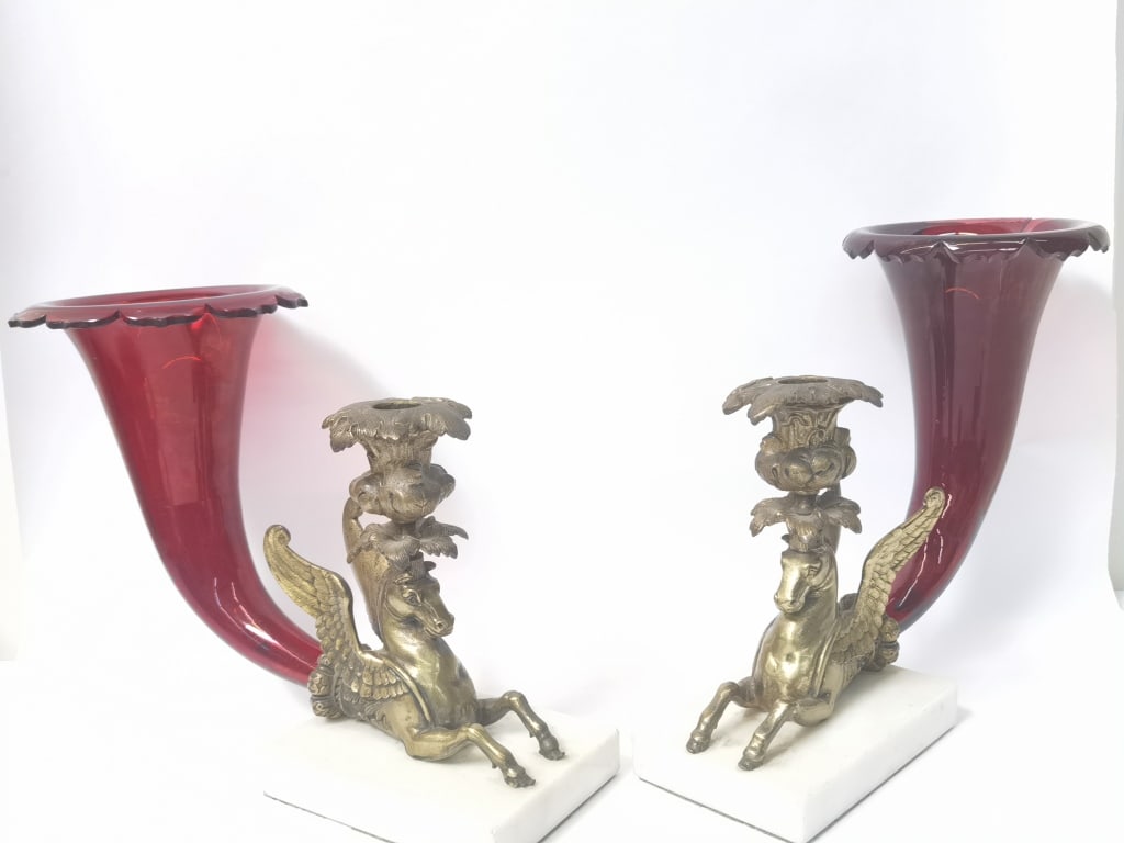 Pr. of Large Vintage Victorian Cranberry Cornucopia Vase (1 of 9)