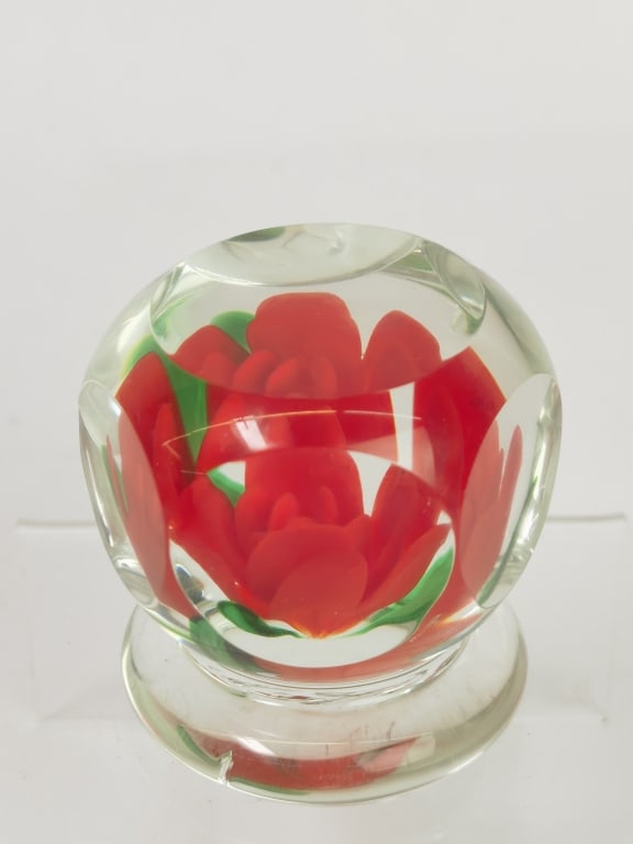 Vintage Faceted Pedestal Rose Glass Paperweight: Vintage Faceted Pedestal Rose Glass Paperweight, 2in by 2in, H Mark