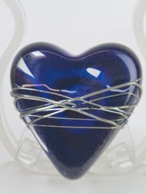 Vintage Signed Cobalt Blue Art Glass Heart Paperweight