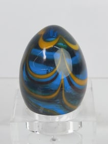 Vintage Blue/Amber Pulled Feather Art Glass Egg Paperweight