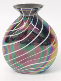 Vintage Iridescent White Swirl Art Glass Vase
