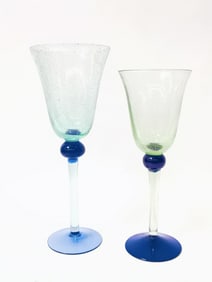 (2) Blue Art Glass Wine Glasses