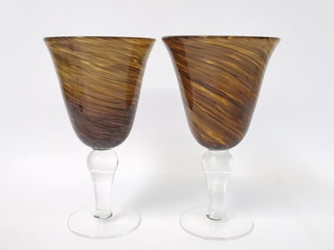 Pr. of Murano Italy Glitter Swirl Art Glass Wine G