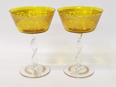 Pr. of BRM Gilt Yellow Glass Champagne Glasses