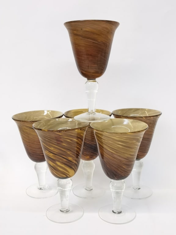 (6) Vintage Murano Italy Glitter Art Glass Wine Gl: (6) Vintage Murano Italy Glitter Art Glass Wine Glasses, 7.5in